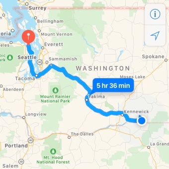 map showing route from Walla Walla to Port Hadlock, WA