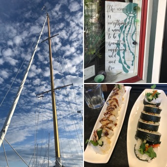 collage of sailboat mast, jellyfish sign, and sushi dinner